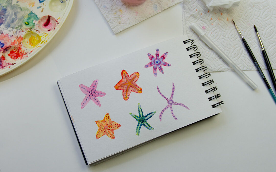 how to draw fish, starfish and corals with watercolor